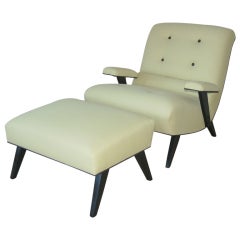Stylish Armed Sitting Chair and Ottoman in Celery Boucle