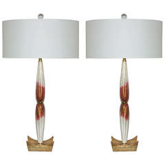 Vintage Pair of Cranberry and Cream Murano Teardrop Lamps on Gold