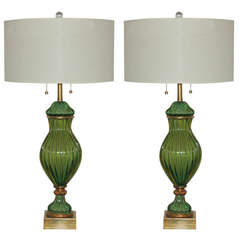 Matched Pair of Vintage Murano Emerald Green Lamps by The Marbro Lamp Company