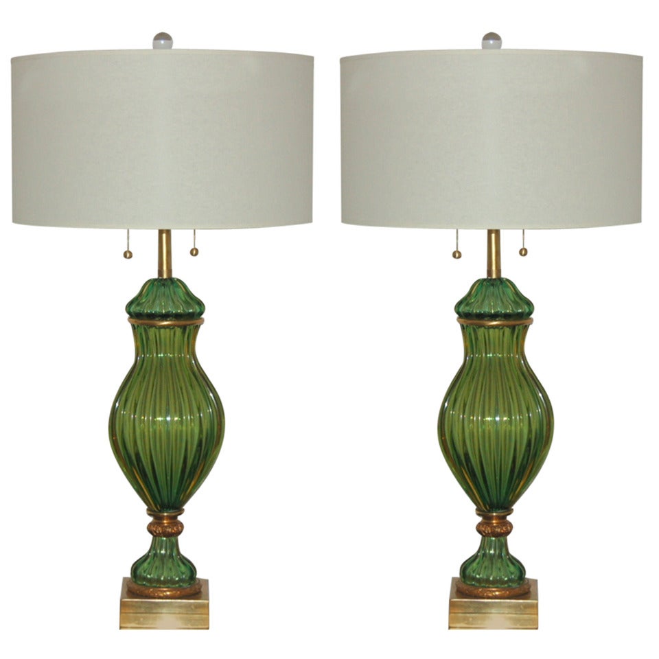 Matched Pair of Vintage Murano Emerald Green Lamps by The Marbro Lamp Company For Sale