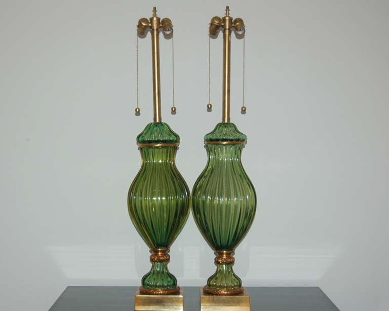 Hollywood Regency Matched Pair of Vintage Murano Emerald Green Lamps by The Marbro Lamp Company For Sale