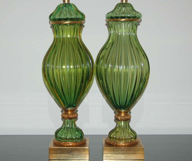 Matched Pair of Vintage Murano Emerald Green Lamps by The Marbro Lamp Company In Excellent Condition For Sale In Little Rock, AR