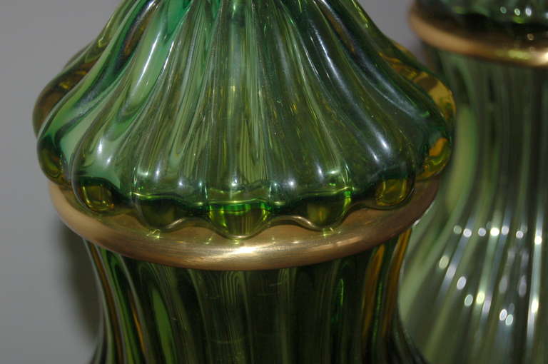 Matched Pair of Vintage Murano Emerald Green Lamps by The Marbro Lamp Company For Sale 1