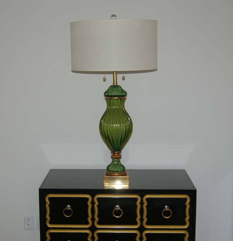 Italian Matched Pair of Vintage Murano Emerald Green Lamps by The Marbro Lamp Company For Sale