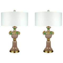 Vintage Pair of Dino Martens Murano Lamps with Applied Fruit in Pink