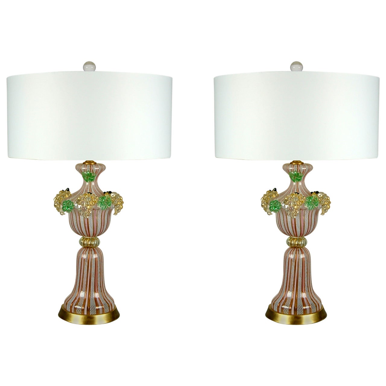 Pair of Dino Martens Murano Lamps with Applied Fruit in Pink