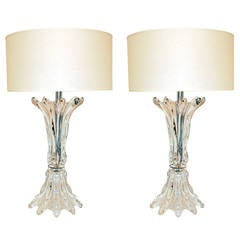 Pair of Gigantic Vintage French Glass Murano Style Sculpted Lamps