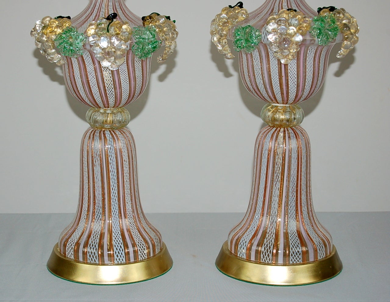 Italian Pair of Dino Martens Murano Lamps with Applied Fruit in Pink