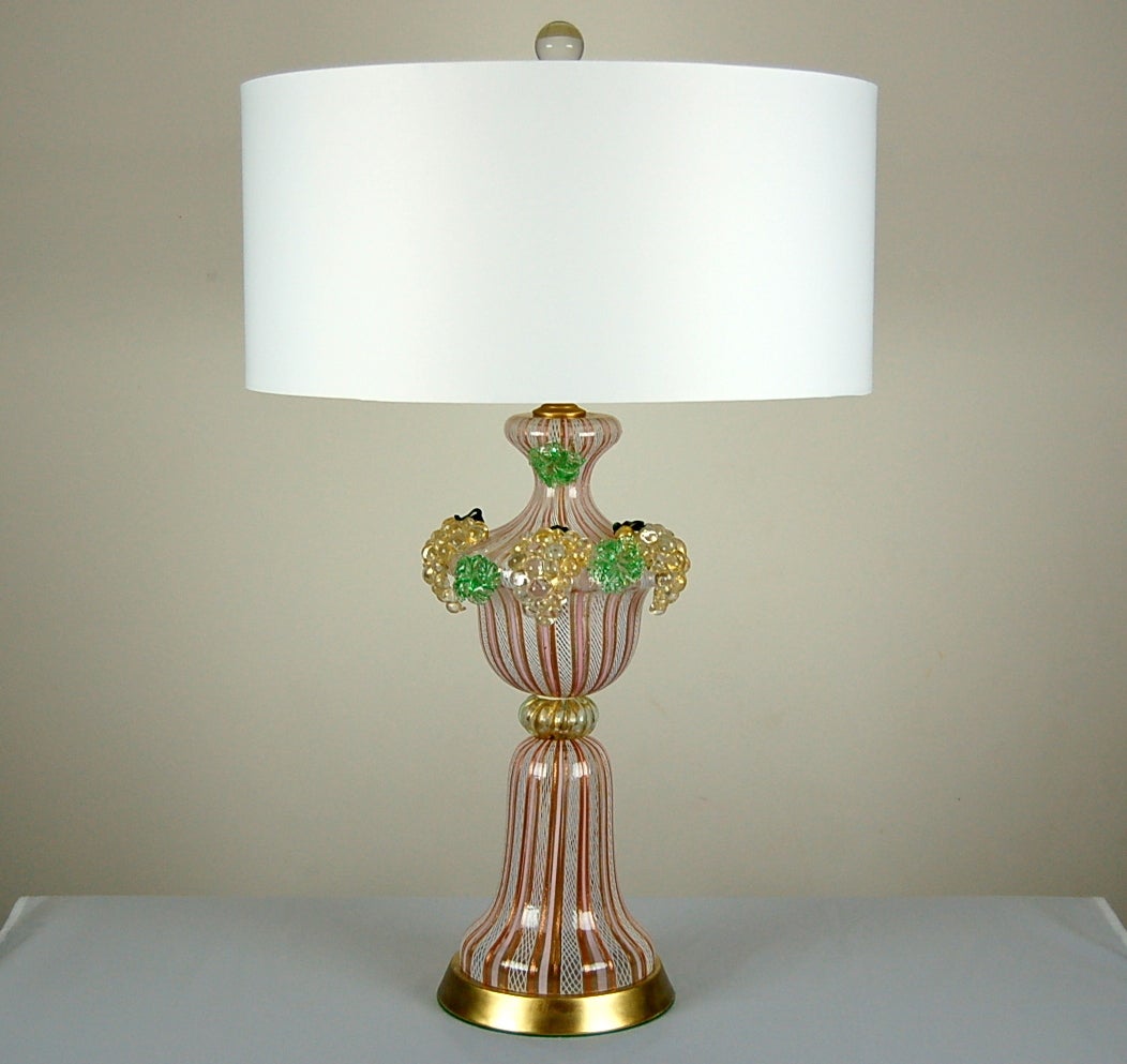 Hollywood Regency Pair of Dino Martens Murano Lamps with Applied Fruit in Pink