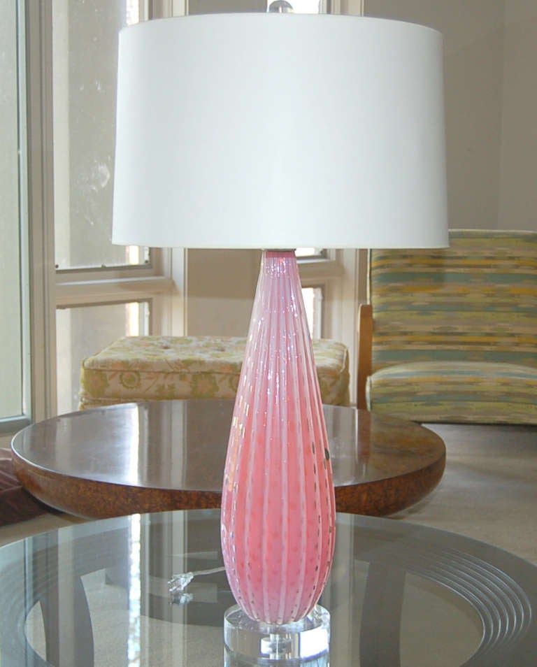 Matched pair of vintage Murano table lamps by Alfredo Barbini. These are a very rich PINK OPALINE - the color has a magical quality, thanks to the Opaline process. The glass is heavily ribbed, and has loads of bubbles. A georgeous matched