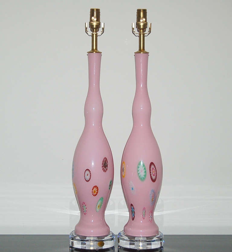 Italian Pair of Vintage Soft Pink Millifiore Murano Lamps  For Sale