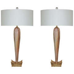 Pair of Striped Murano Lamps of Plum, Cream, and Gold