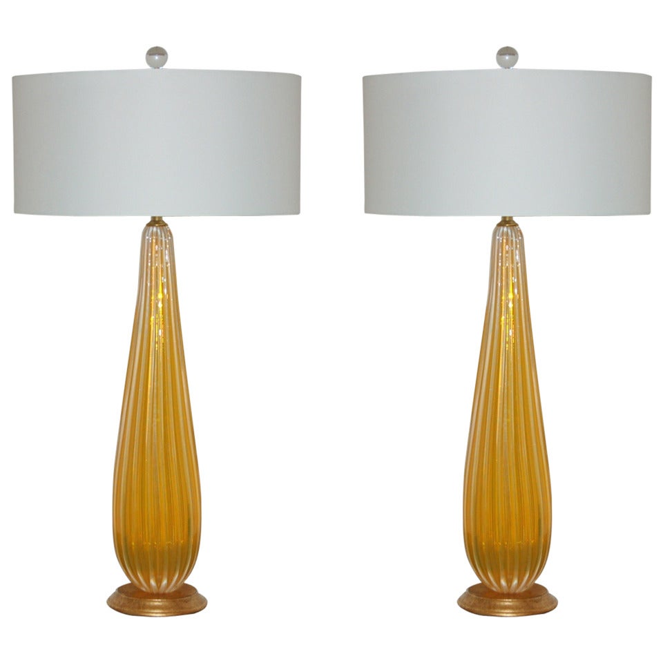Pair of Towering Vintage Murano Lamps of Orange Opaline For Sale