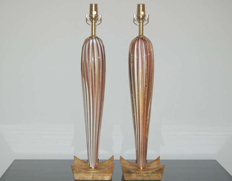 Hollywood Regency Pair of Striped Murano Lamps of Plum, Cream, and Gold