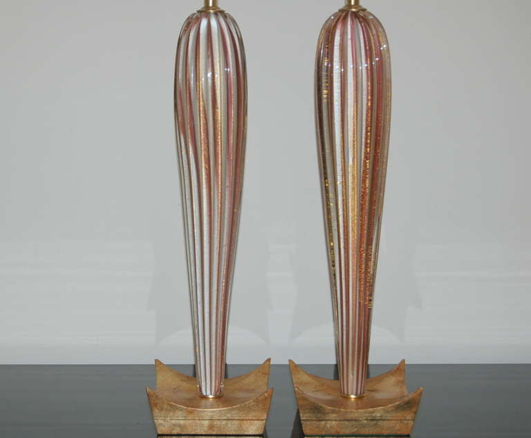 Pair of Striped Murano Lamps of Plum, Cream, and Gold In Excellent Condition In Little Rock, AR