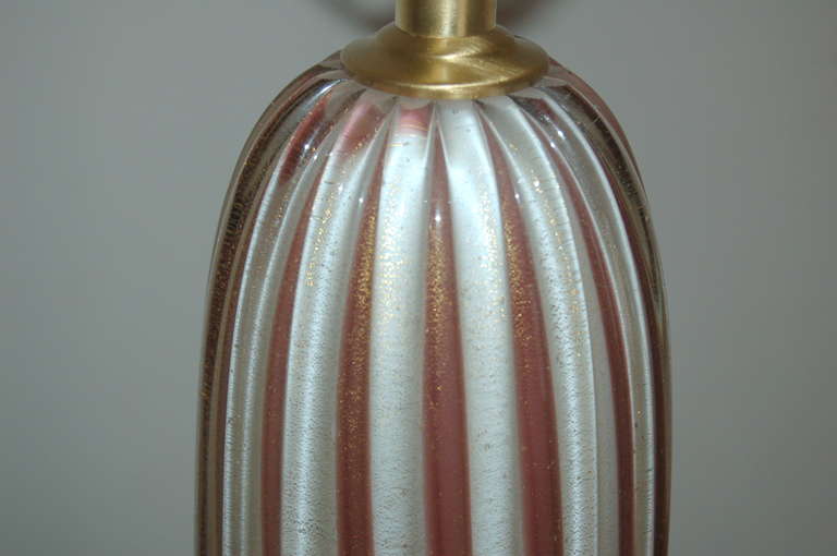Mid-20th Century Pair of Striped Murano Lamps of Plum, Cream, and Gold