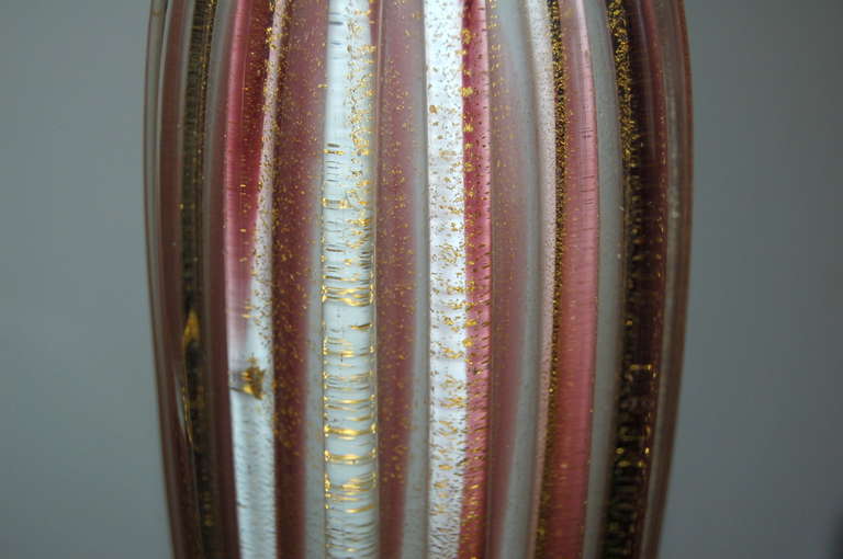 Pair of Striped Murano Lamps of Plum, Cream, and Gold 2