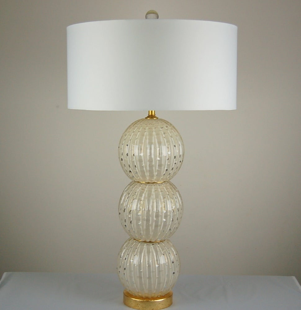 Pair of Murano Stacked Ball Table Lamps in White and Gold