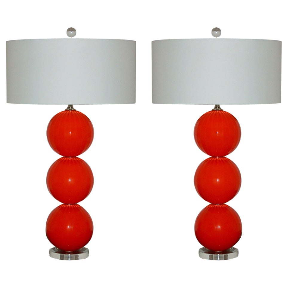 Red Orange Handblown Glass Lamps by Joe Cariati For Sale