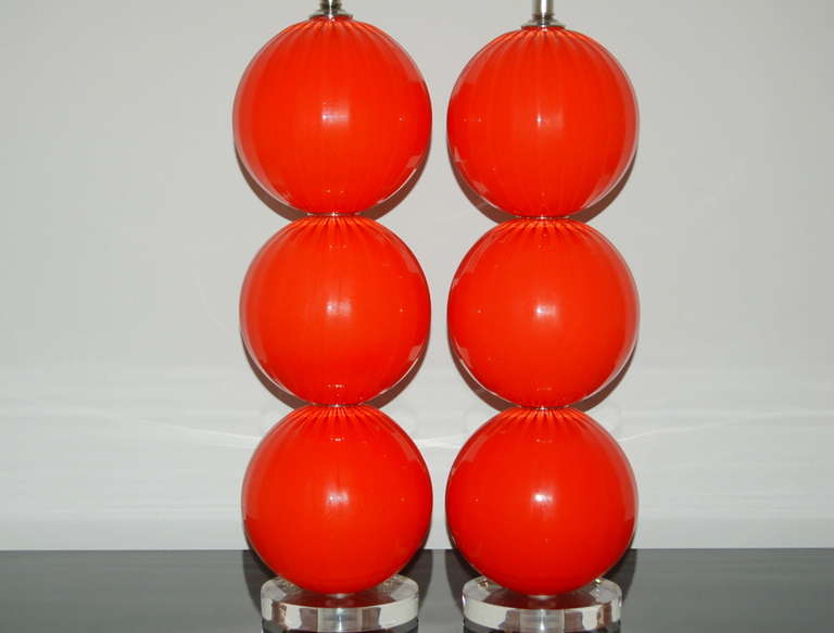American Red Orange Handblown Glass Lamps by Joe Cariati For Sale