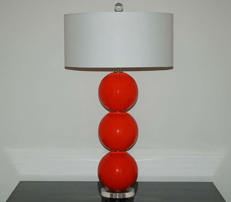 Red Orange Handblown Glass Lamps by Joe Cariati For Sale 1