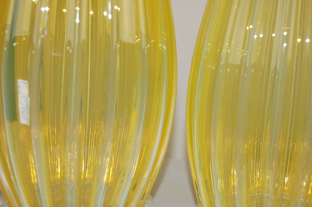 Plated Pair of Vintage Murano Lamps by Seguso in Lemonade Yellow For Sale