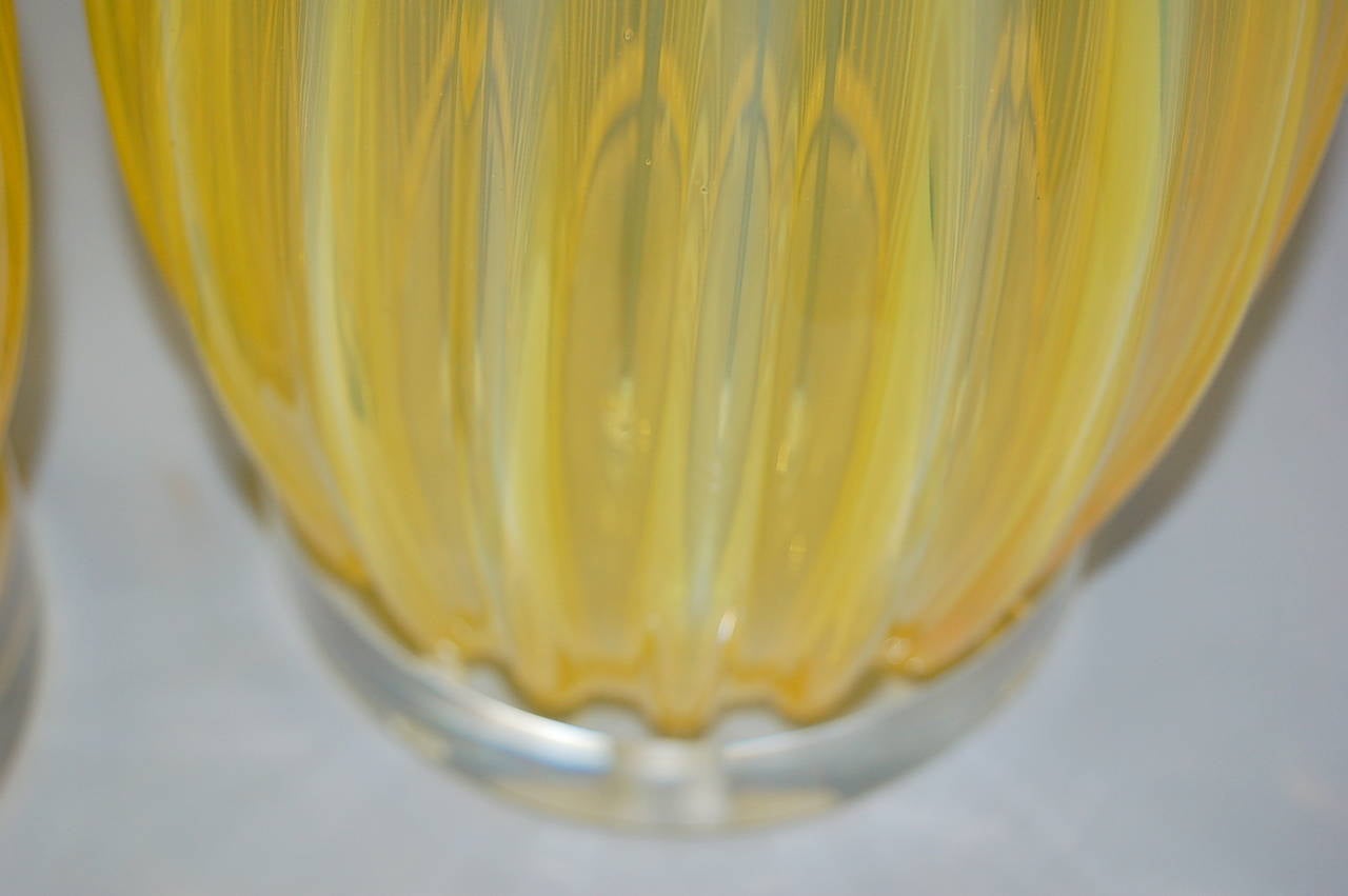Pair of Vintage Murano Lamps by Seguso in Lemonade Yellow For Sale 1