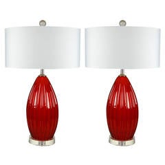 Pair of Vintage Murano Lamps by Seguso in Scarlet Red