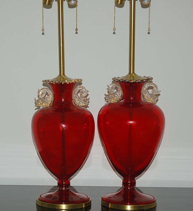 Hollywood Regency Pair of Vintage Dolphin Urn Lamps in Ruby For Sale
