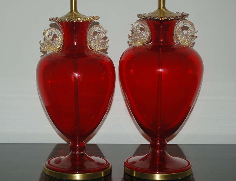 Italian Pair of Vintage Dolphin Urn Lamps in Ruby For Sale
