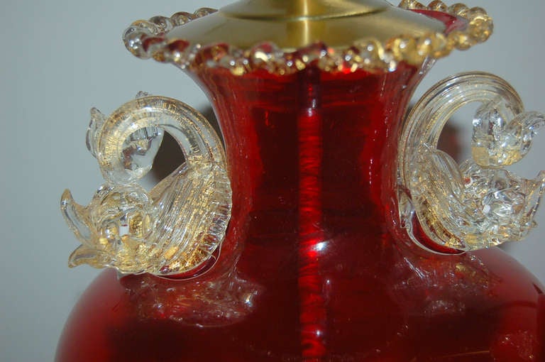 Pair of Vintage Dolphin Urn Lamps in Ruby In Excellent Condition For Sale In Little Rock, AR