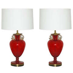 Pair of Vintage Dolphin Urn Lamps in Ruby