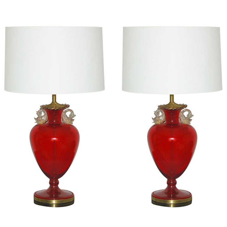 Pair of Vintage Dolphin Urn Lamps in Ruby For Sale