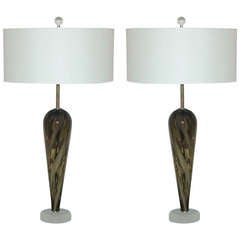 Pair of Bronze Murano Glass Lamps with Ribbon Swirl
