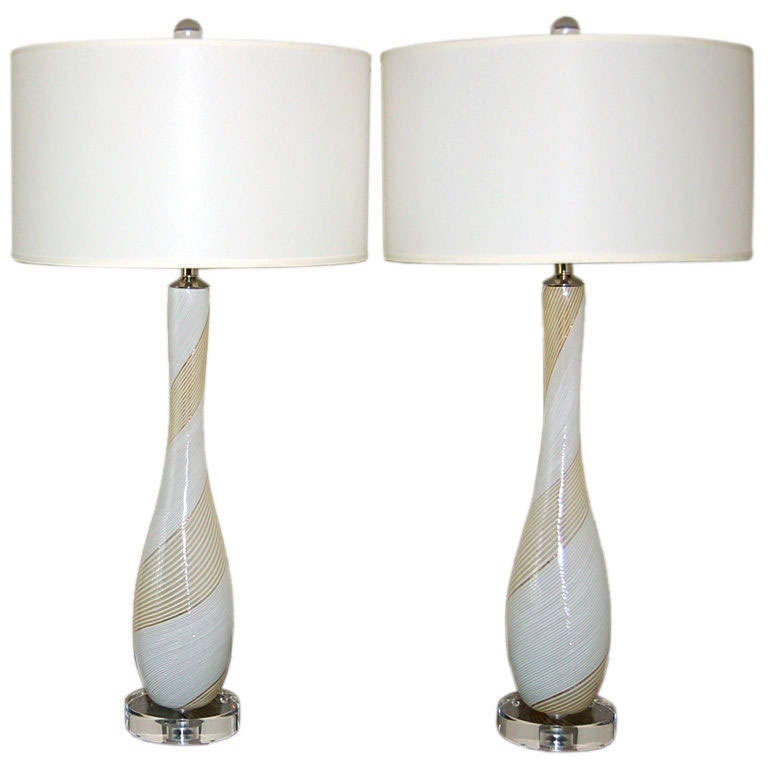 Matched Pair of Candy Cane Striped Murano Table Lamps in Vanilla White For Sale