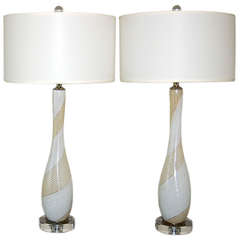 Matched Pair of Candy Cane Striped Murano Table Lamps in Vanilla White
