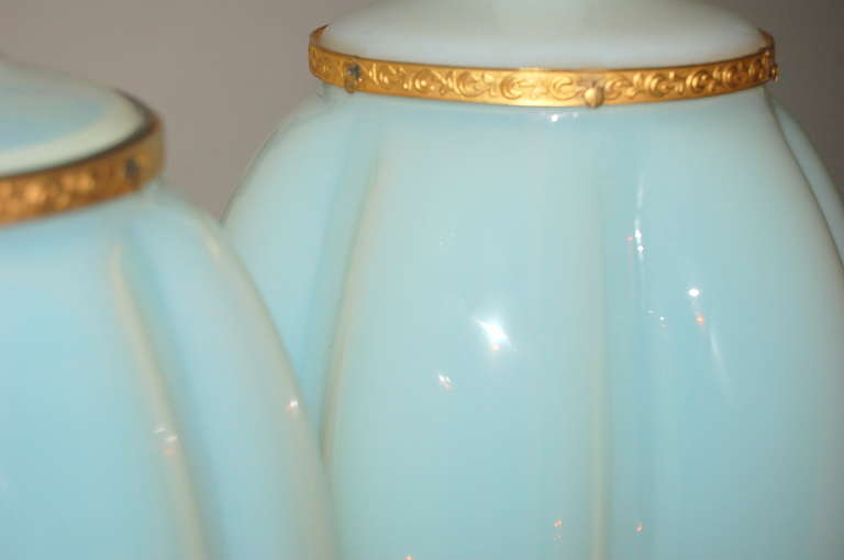 Brass Pair of White Opaline Murano Lamps by The Marbro Lamp Company, 1966 For Sale