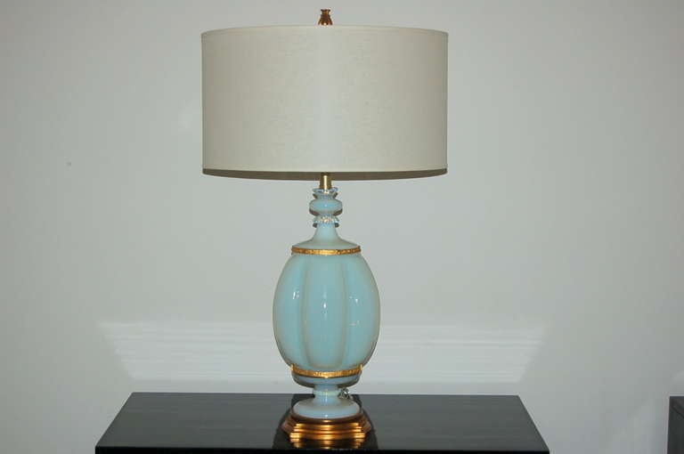 Delicious WHITE OPALINE lamps with an Asian bent, by The Marbro Lamp Company, 1966.  As these are white Opaline, these have a soft BLUE hue to them - an almost magical aura!  Wonderful ormolu style accents. 

The lamps stand 33 inches from