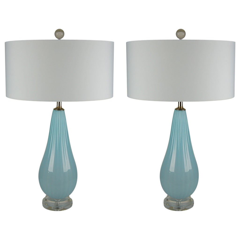 Pair of Handblown Glass Teardrop Lamps by Joe Cariati in Sky Blue