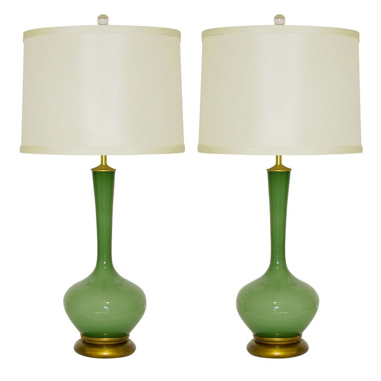 Matched Pair of Vintage Handblown Swedish Glass Lamps by Marbro in Jade For Sale