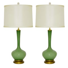 Matched Pair of Retro Handblown Swedish Glass Lamps by Marbro in Jade