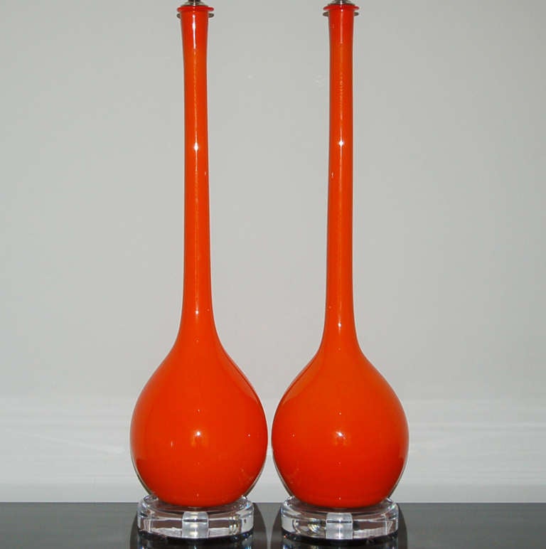 Italian Pair of Vintage Murano Long Neck Lamps by Archimede Seguso in Vermillion
