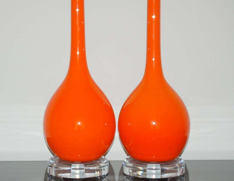Pair of Vintage Murano Long Neck Lamps by Archimede Seguso in Vermillion In Excellent Condition In Little Rock, AR