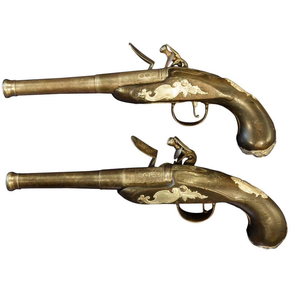 Fine Pair Of Silver Mounted Queen Anne Style Pistols