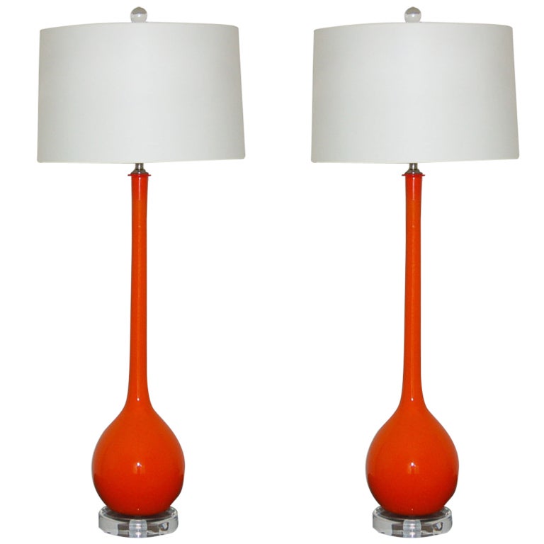 Pair of Vintage Murano Long Neck Lamps by Archimede Seguso in Vermillion