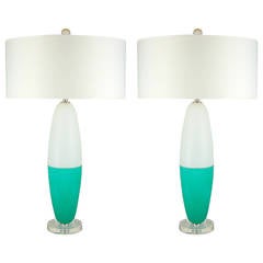 Vintage Pair of Aqua Space Age Murano Capsule Lamps, 1960s