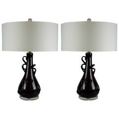Pair of Retro Murano Sculpted Abstract Table Lamps in Grape Purple