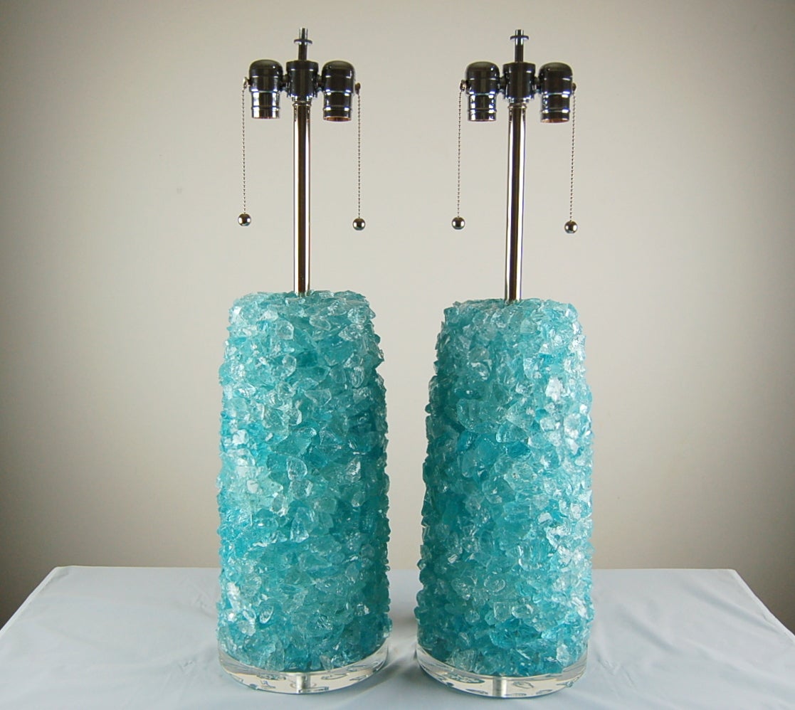 These beautiful cluster lamps in Tiffany box blue are made of 100% recycled glass and are designed by Swank Lighting. Each pair is hand built, and absolutely gorgeous!

They measure 27 inches to the top of the double cluster socket. As shown, the