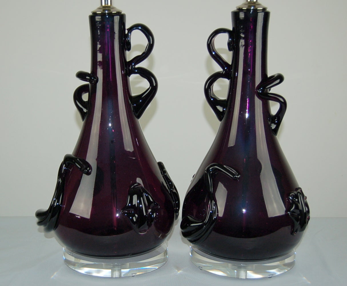 Italian Pair of Vintage Murano Sculpted Abstract Table Lamps in Grape Purple For Sale