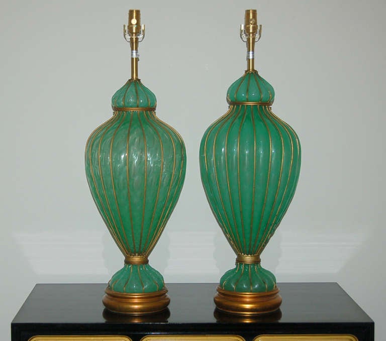 Italian Green Opaline Murano Caged Lamps by Marbro For Sale